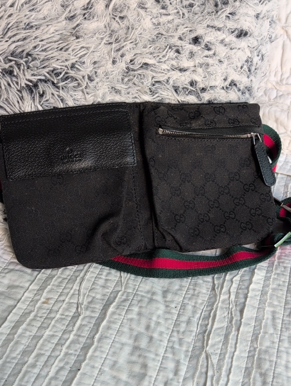 Gucci Black GG Monogram Hip or Side Body Bag with Signature Web Strap